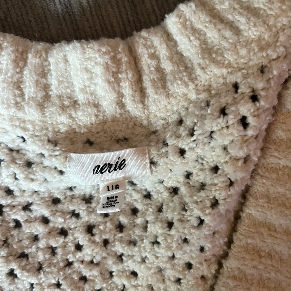 Aerie Cream Textured Knit Sweater with Ribbed Neckline